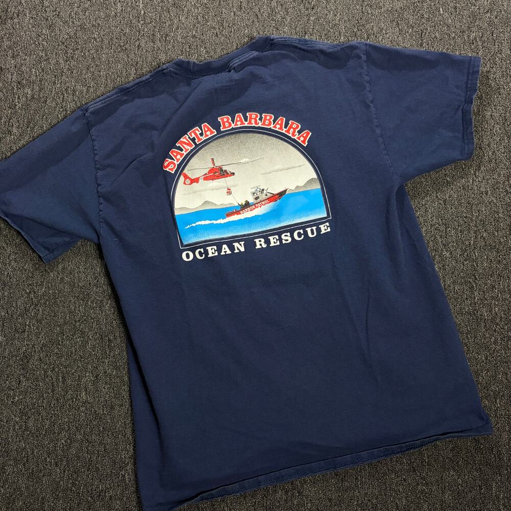 Vintage Y2k Santa Barbara California Ocean Beach Rescue Navy Surf Graphic Tee L